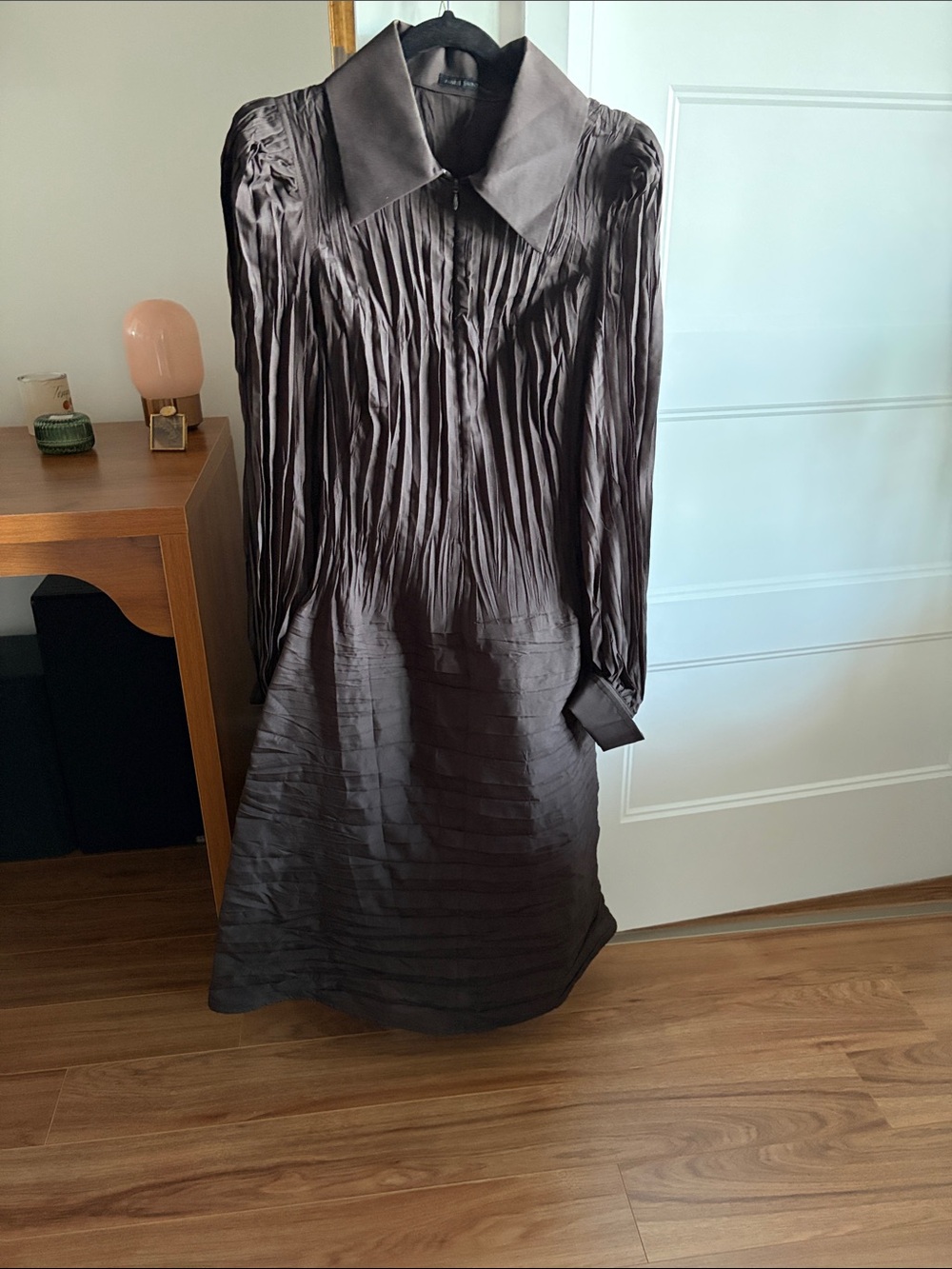 Pleated Long-Sleeve Midi Dress in Chocolate Brown